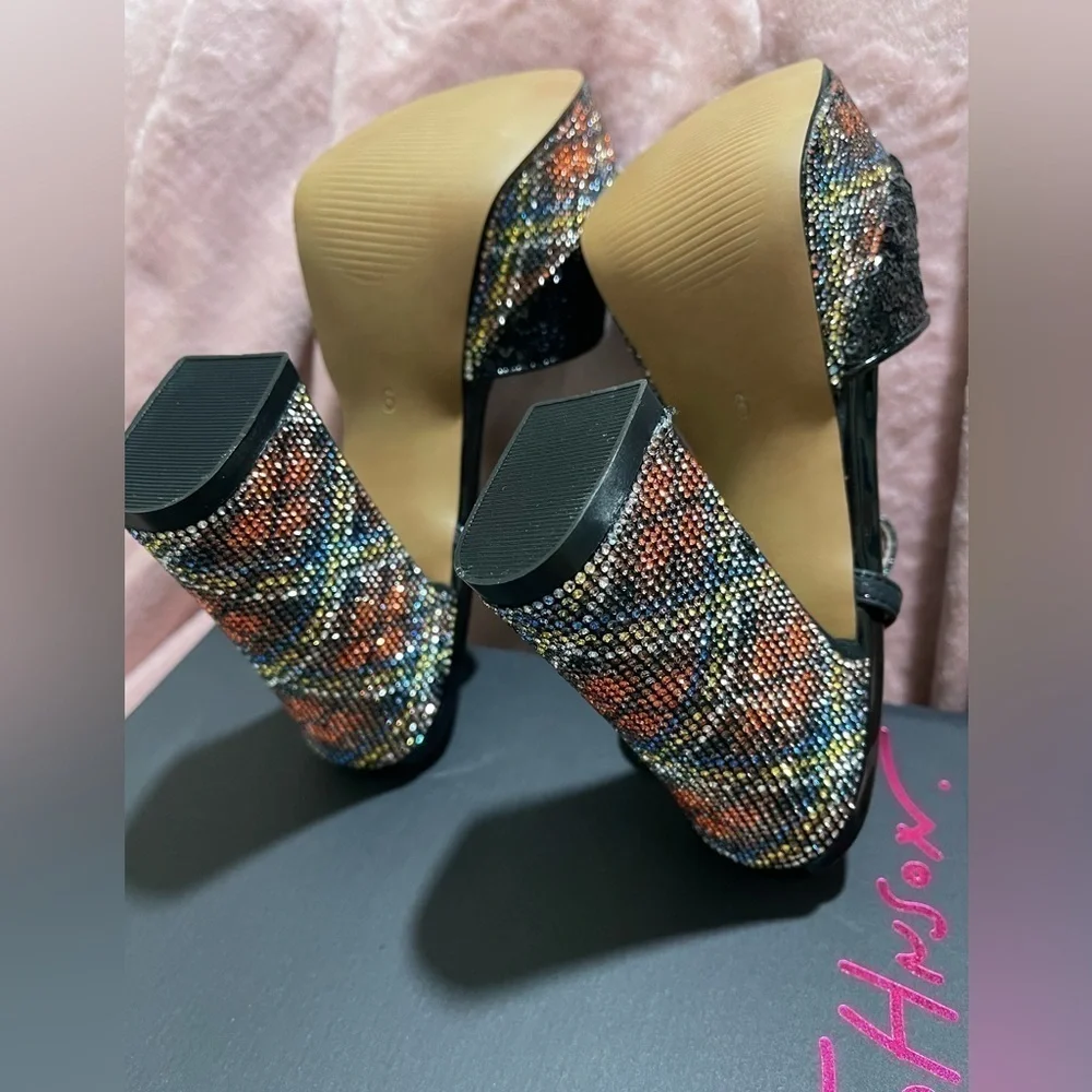 Betsey Johnson Alaia Black Plaid Sequin Crystal Platform Heels Sz. 6 BNIB